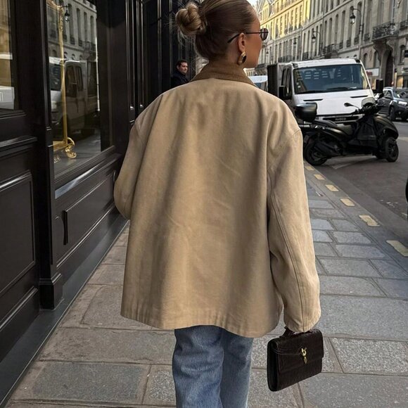 Khaki Casual Women's Loose  Corduroy ColorBlock Collar jacket - Picture 2 of 5